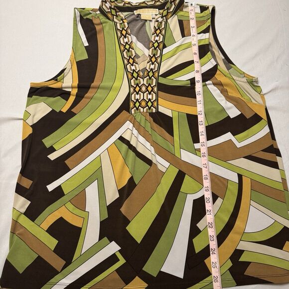Michael Kors Women’s Sleeveless Top L Geometric Retro Print Green Brown Yellow - Picture 4 of 7